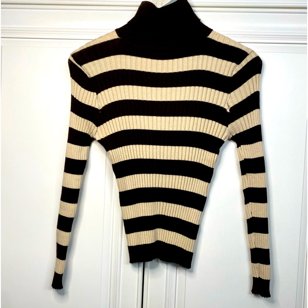 NWT Women’s Size Large Brown Camel Striped Turtleneck Sweater Ribbed Top Shirt